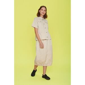 Bitte Kai Rand Small Senmei Crinkle Midi Skirt Beige Cotton Blend Elastic Waist